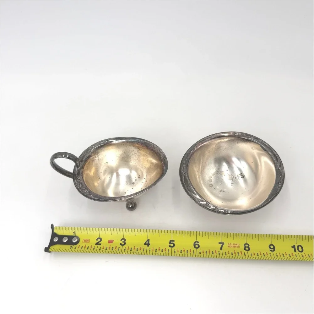 Vintage Silverplate Footed‎ Creamer and Sugar Bowl Set Floral Etched Ball Feet